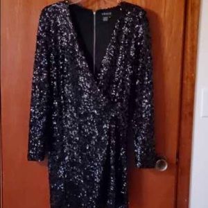 Black Sequin Deep V Neck Dress